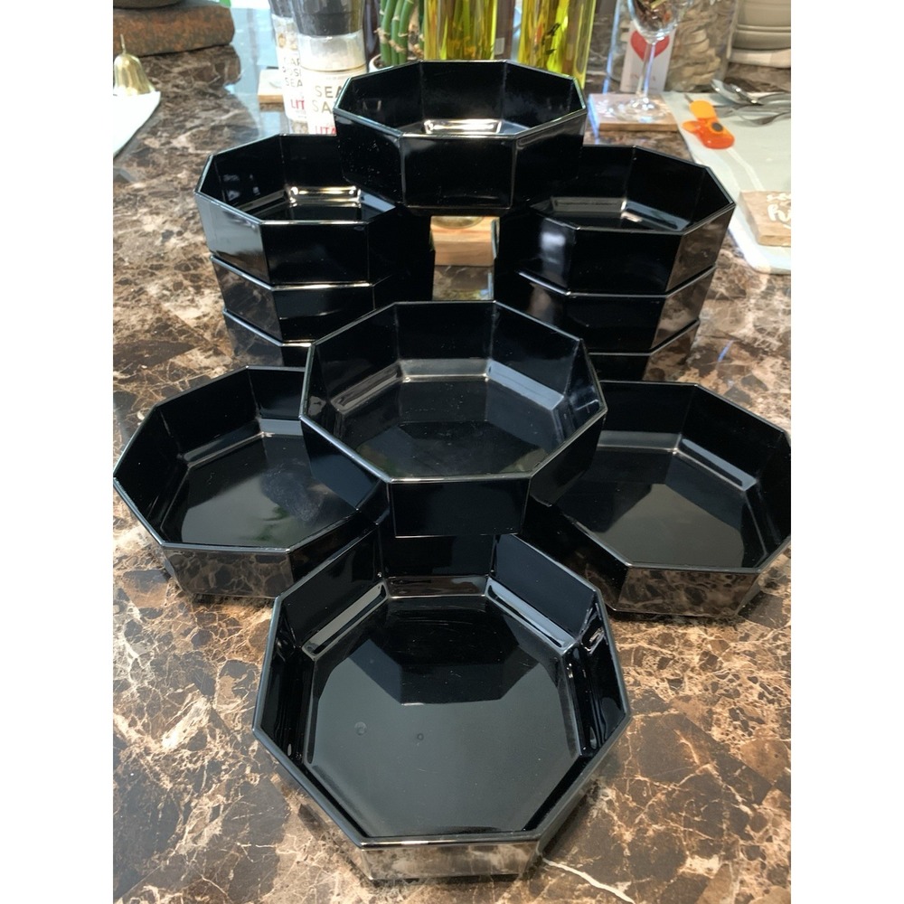 11 PC ARCOROC Black Salad Plates & Soup Bowls Octime Octagonal Side Glass France